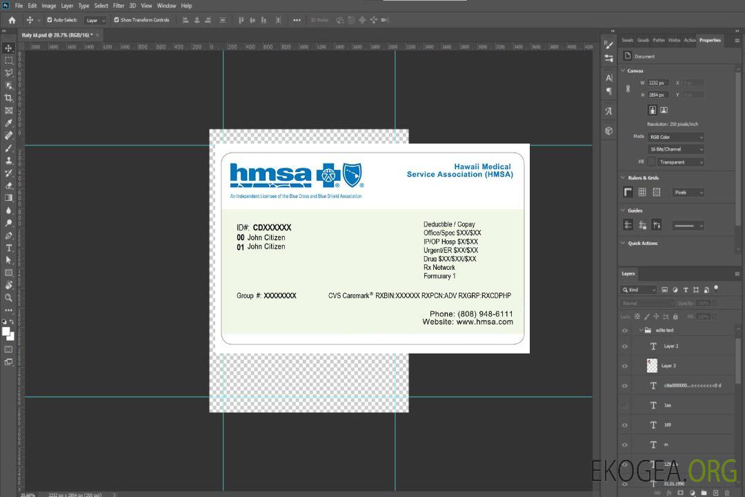 Carte d'assurance maladie d'Hawaï template